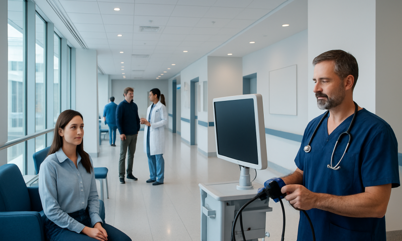 Endoscopic Third Ventriculostomy: Preparation, Procedure and Results 6 Doctor preparing ultrasound device in hospital corridor with patient and staff.