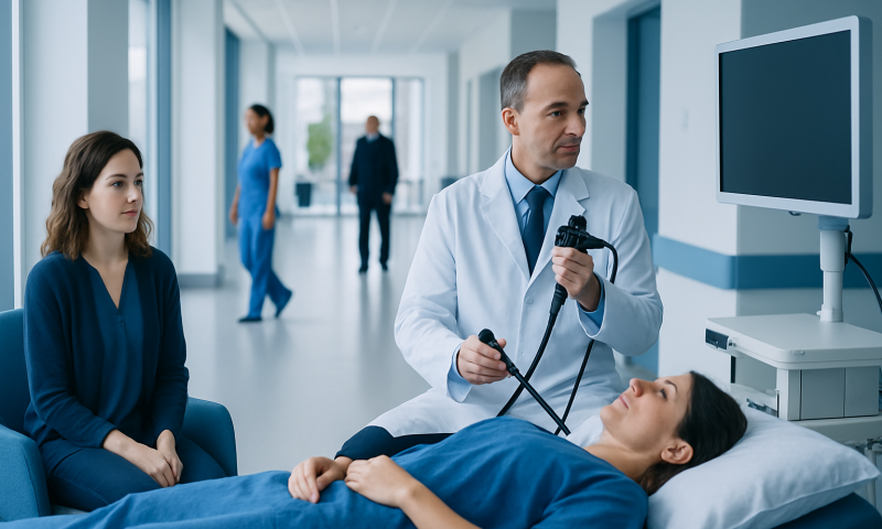 Doctor performing endoscopy on patient in hospital corridor.