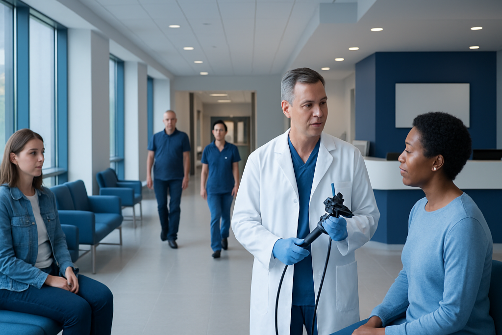 Endoscopy News October 2025: Preparation, Procedure and Results 1 Doctor consulting patient in hospital corridor with staff in background.