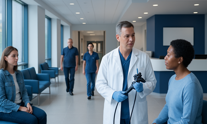 Endoscopy News October 2025: Preparation, Procedure and Results 9 Doctor consulting patient in hospital corridor with staff in background.
