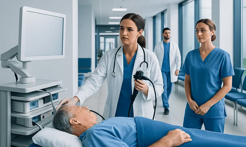 Medical team preparing for endoscopy procedure in hospital corridor.