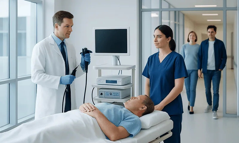 Doctor and nurse preparing for endoscopy procedure in hospital corridor.