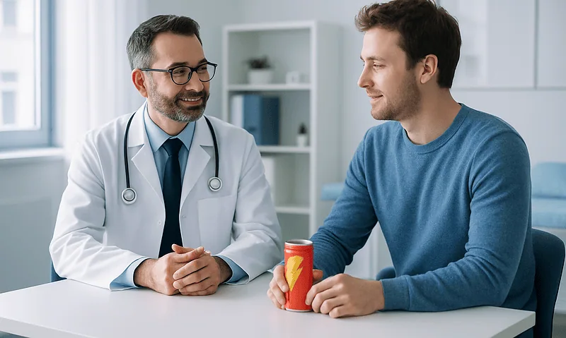 Energy Drinks: What Is Actually in the Can 2 Doctor consulting with patient about energy drinks and health effects.