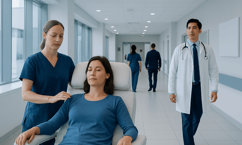 Patient receiving energy therapy in a hospital setting with medical staff nearby.