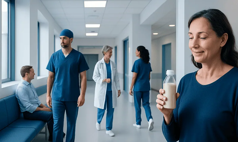 Hospital corridor with medical staff and patient, woman drinking shake.
