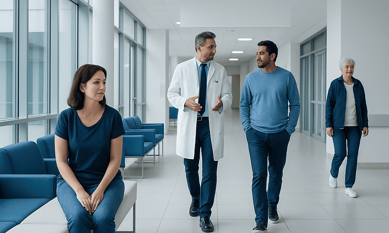 Doctor talking to a patient in a hospital corridor with waiting area seats.