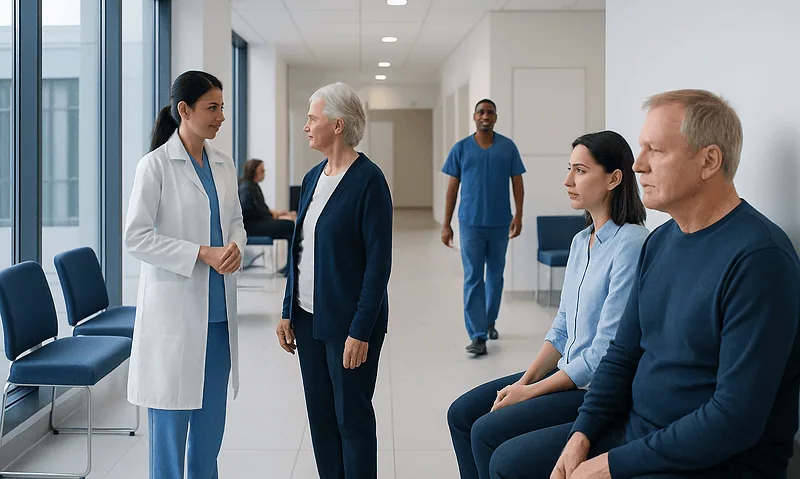 Doctor consulting elderly patient in hospital corridor with staff in background.