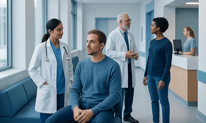 Medical consultation in a hospital with doctors and patient.