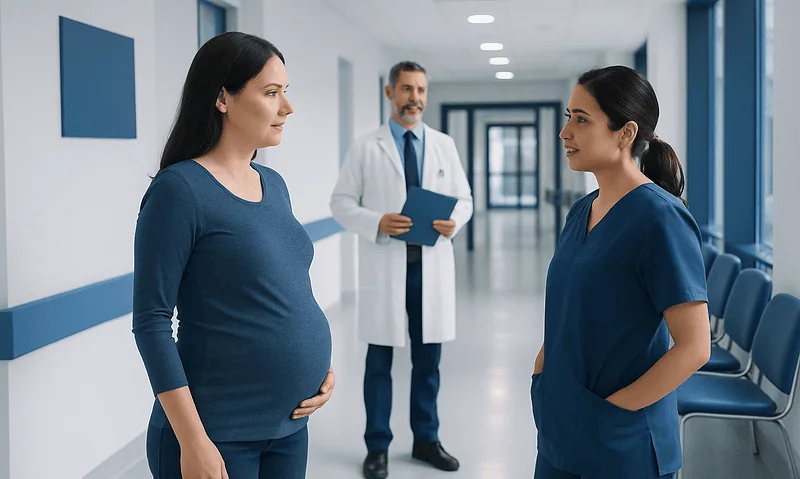 Pregnant woman and nurse talking in hospital corridor.