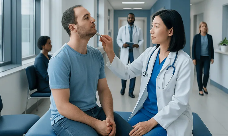 Epiglottitis Treatment: How It Works, Results and What to Expect 7 Doctor performs throat examination on patient in hospital corridor.
