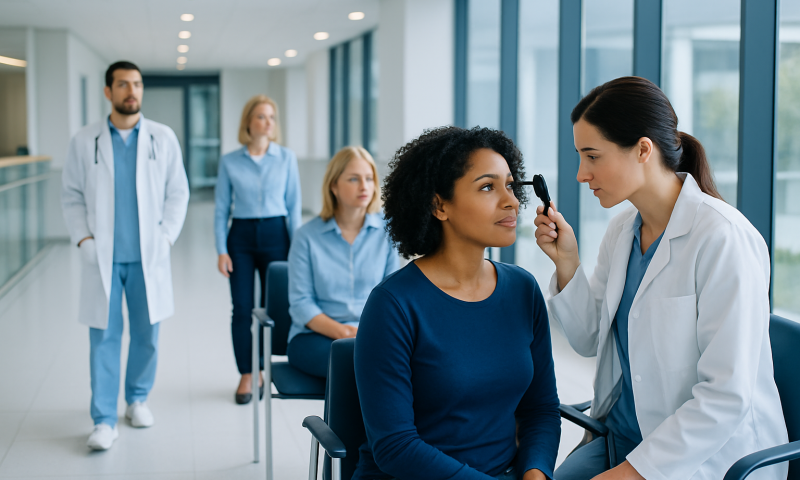 Ophthalmologist examines a patient's eye in a modern clinic setting.