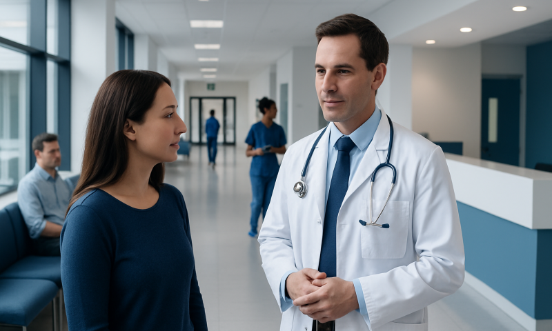 Doctor consulting a patient in a hospital corridor.