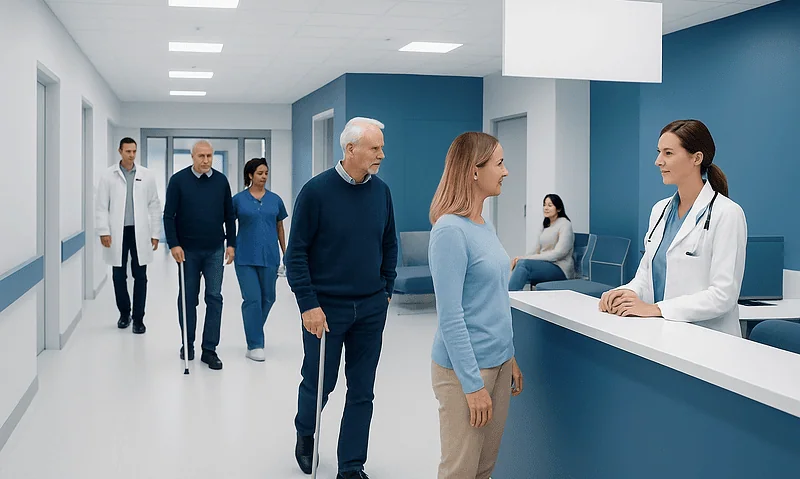 Health Library 16 Patients waiting in line at a hospital reception desk.