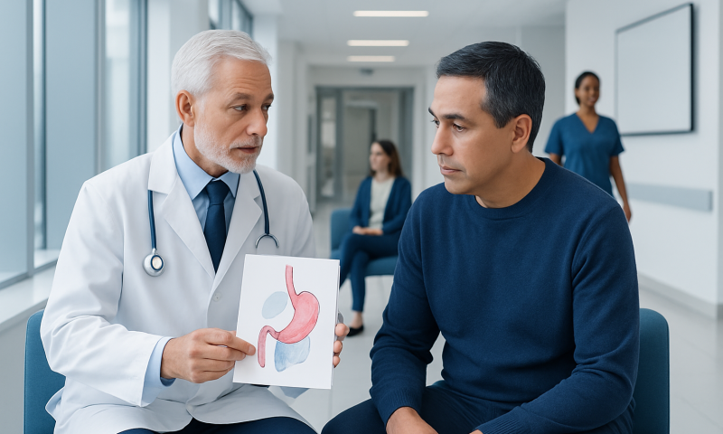 Doctor explaining esophageal health to patient in hospital corridor.