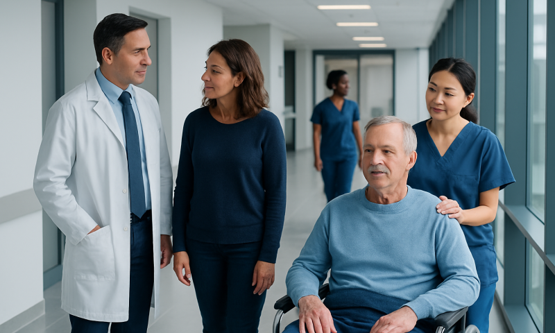 Medical team consulting with a patient in hospital corridor.