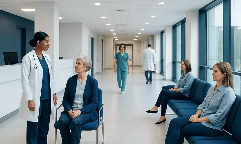 Medical consultation in a hospital corridor with doctors and patients.
