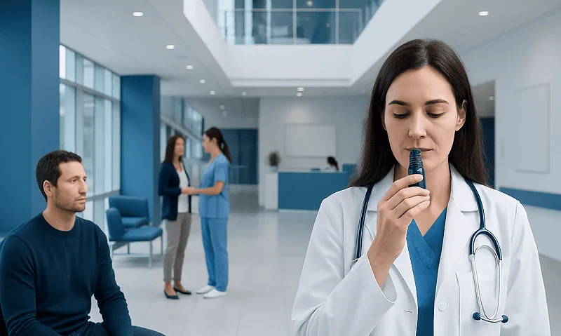Female doctor smelling essential oil in hospital setting.