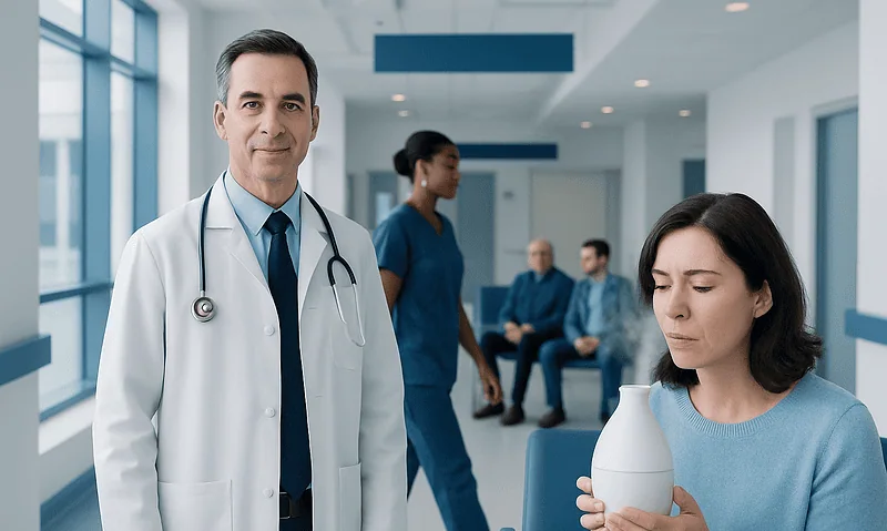 Doctor with patient holding a diffuser in a hospital corridor.