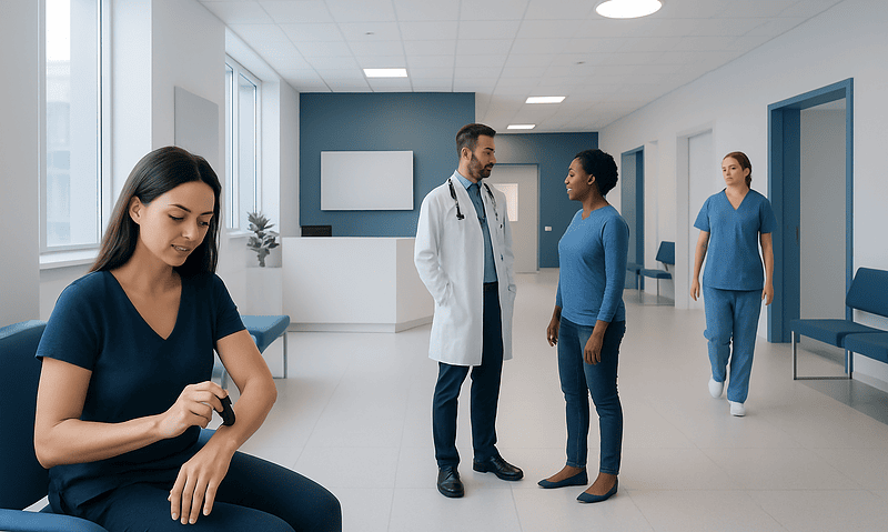 Healthcare professionals and patient in a hospital corridor at Acibadem Hospitals Group.