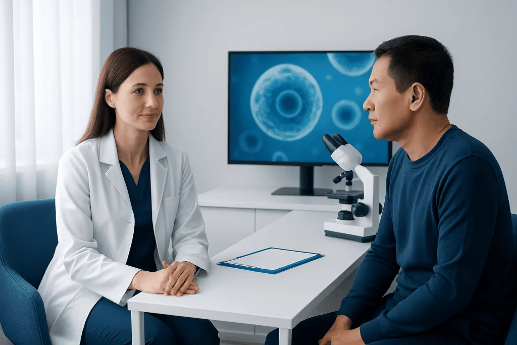 Doctor and patient discussing stem cell treatment in a medical consultation room.