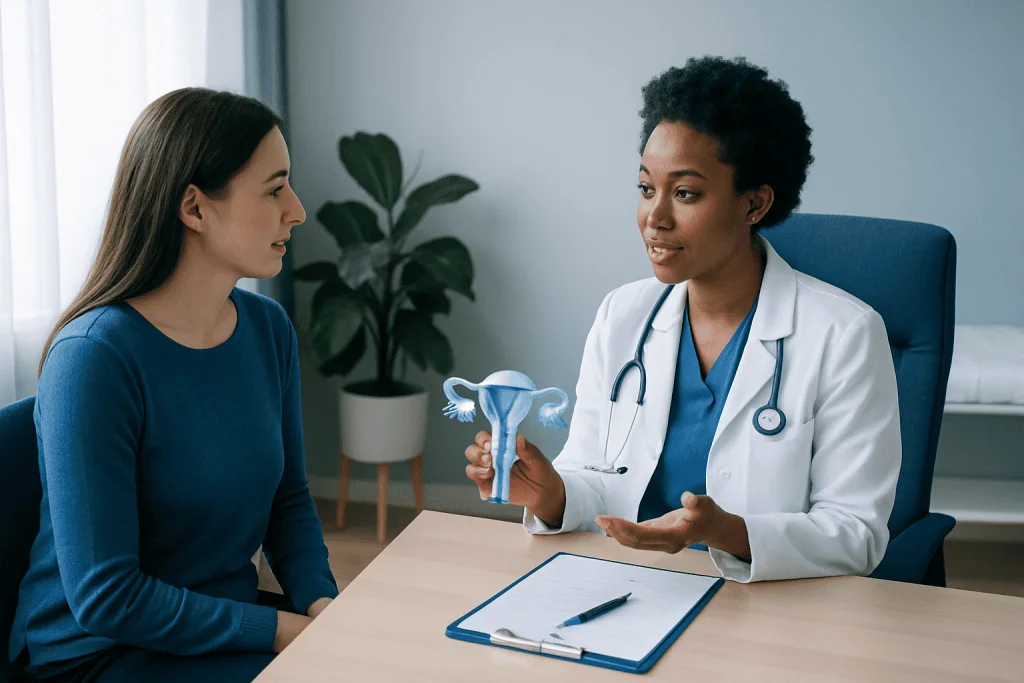 Gynecologist explaining vaginal health to a patient with a 3D uterus model.