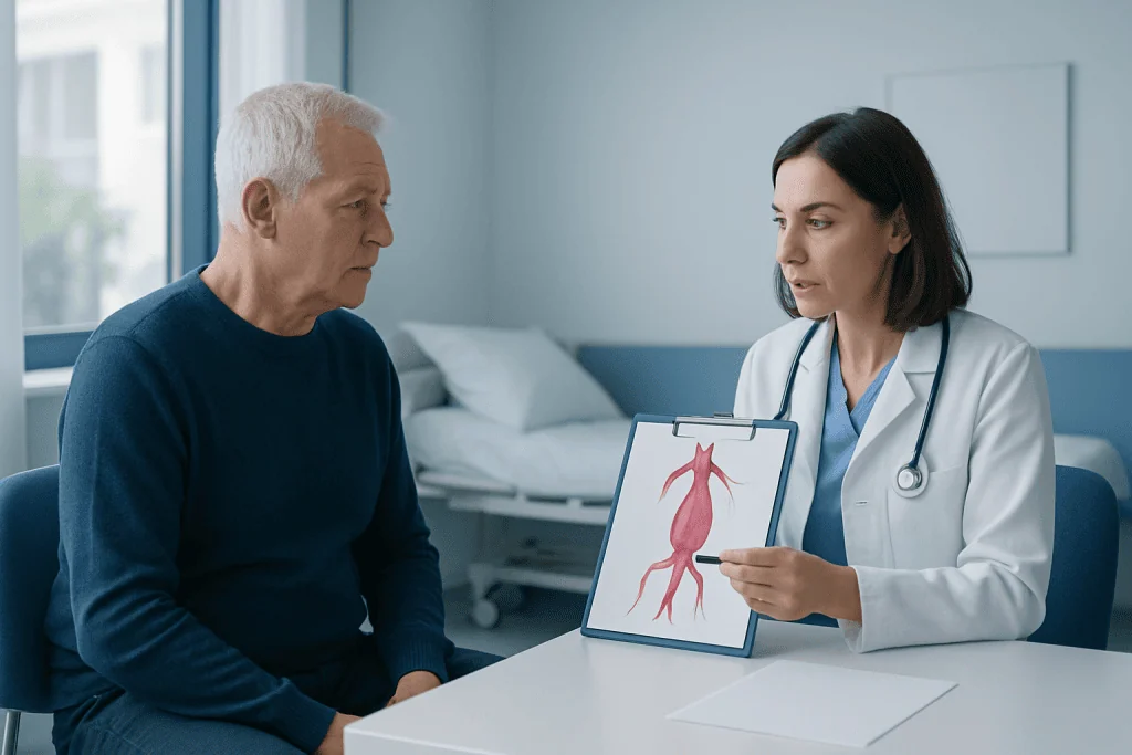 Doctor explaining aortic treatment options to an elderly patient in a clinic.
