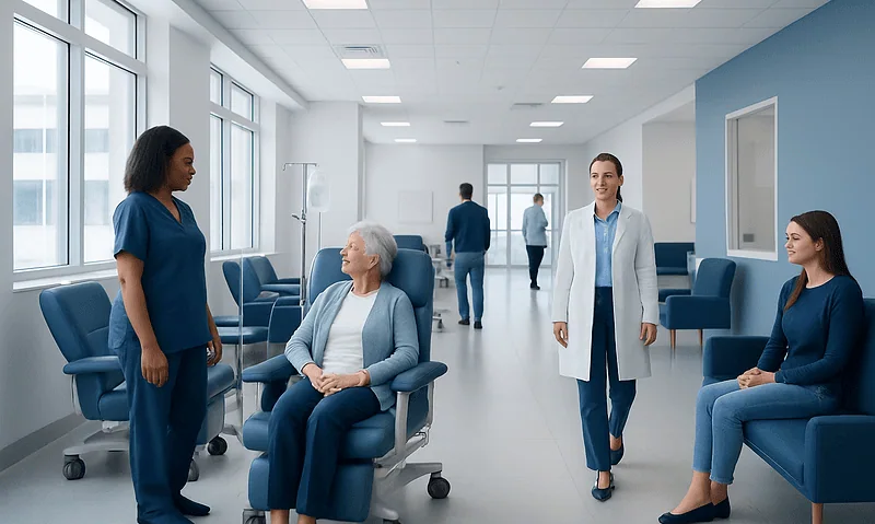 Patients and healthcare professionals in a modern hospital waiting area.