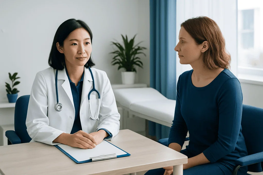 Doctor consulting with a female patient in a medical office.