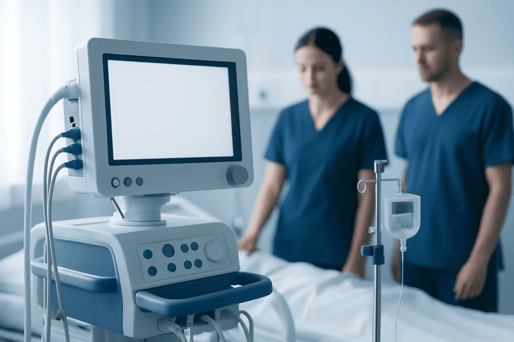Medical professionals in a hospital room with monitoring equipment.
