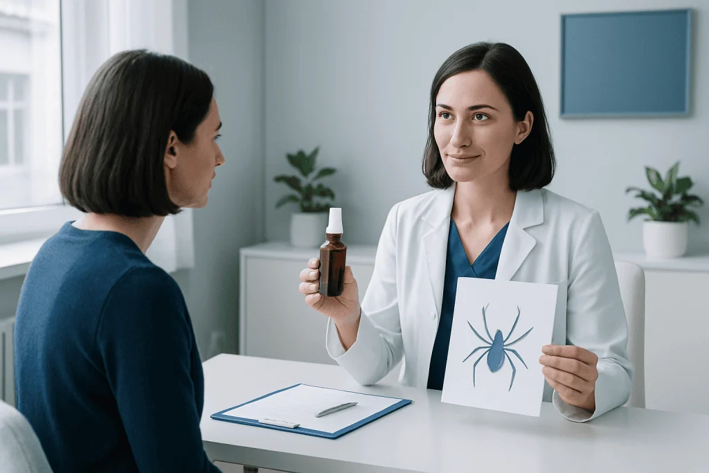 Doctor explains spider bite treatment options to patient in clinic.