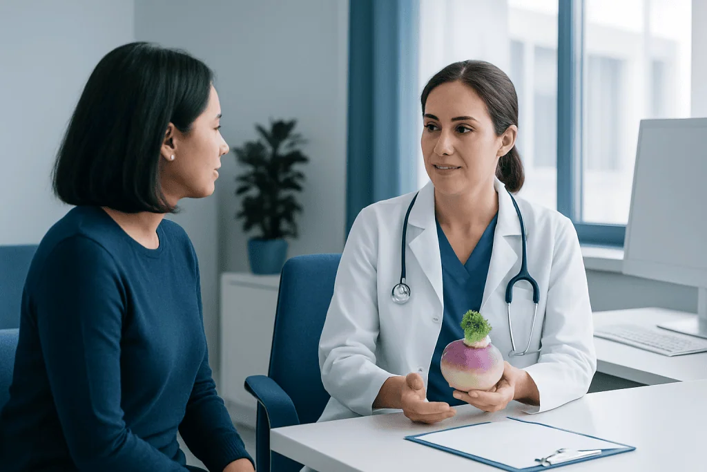 Doctor explaining turnip health benefits to patient in clinic.