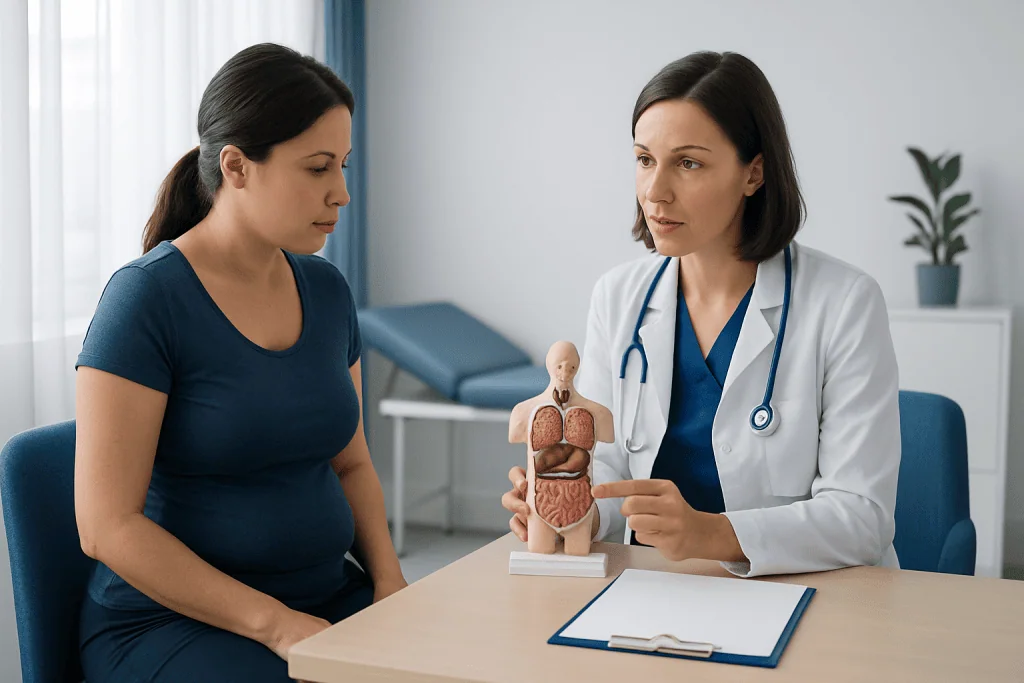 Doctor explaining digestive system model to a patient in a clinic setting.
