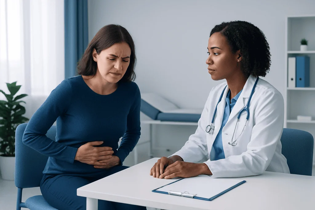 Woman with stomach pain consulting doctor at hospital.
