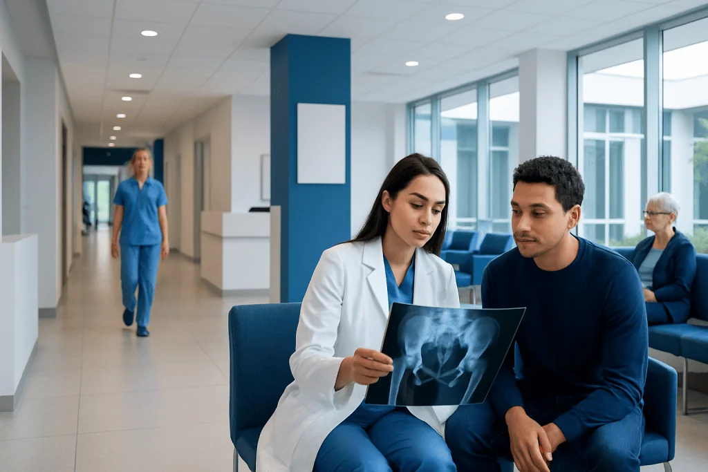 Ewing Sarcoma Xray: Preparation, Procedure and Results 1 Doctor explaining X-ray results to patient in hospital corridor.