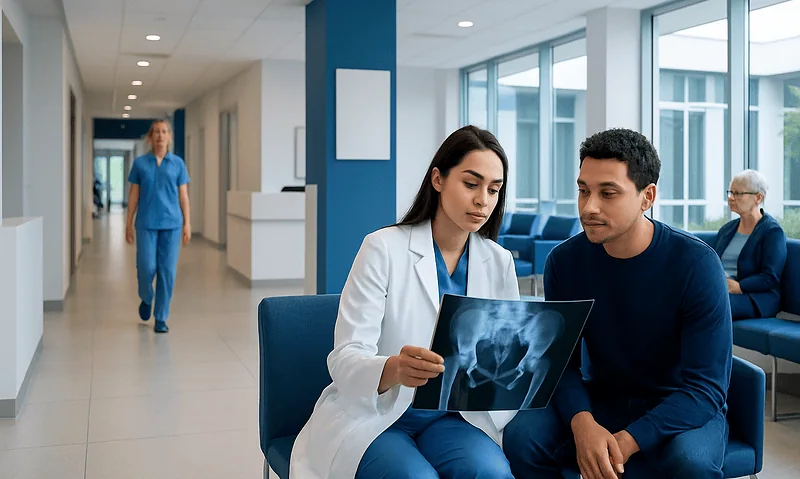 Ewing Sarcoma Xray: Preparation, Procedure and Results 17 Doctor explaining X-ray results to patient in hospital corridor.