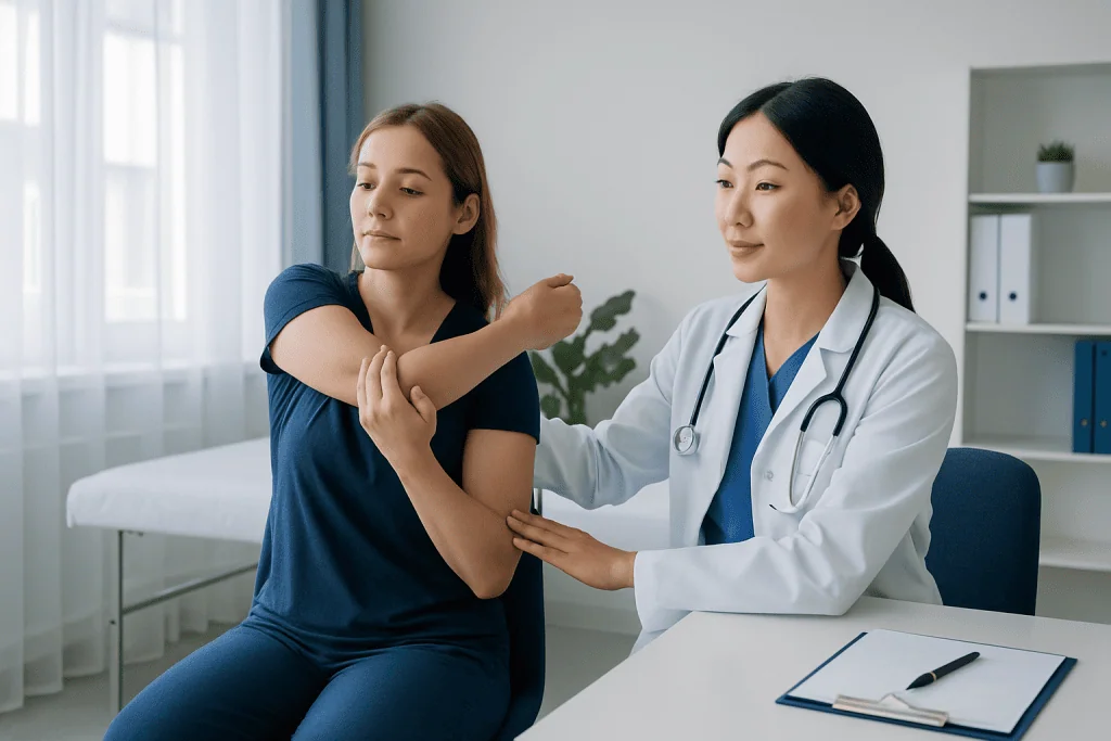 Doctor examining a patient's arm in a medical consultation room.