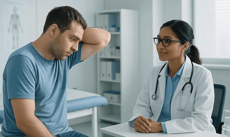 Doctor consulting with patient about excessive sweating and hyperhidrosis.