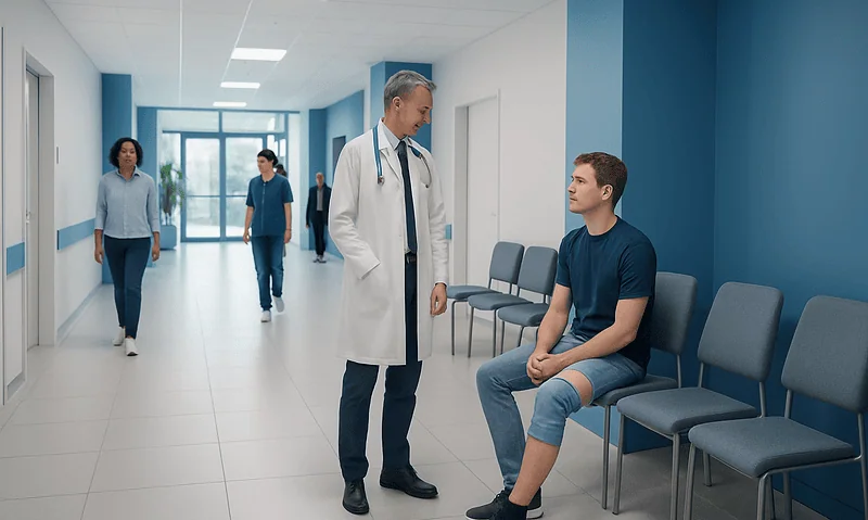 Doctor consulting a young male patient in a hospital corridor.