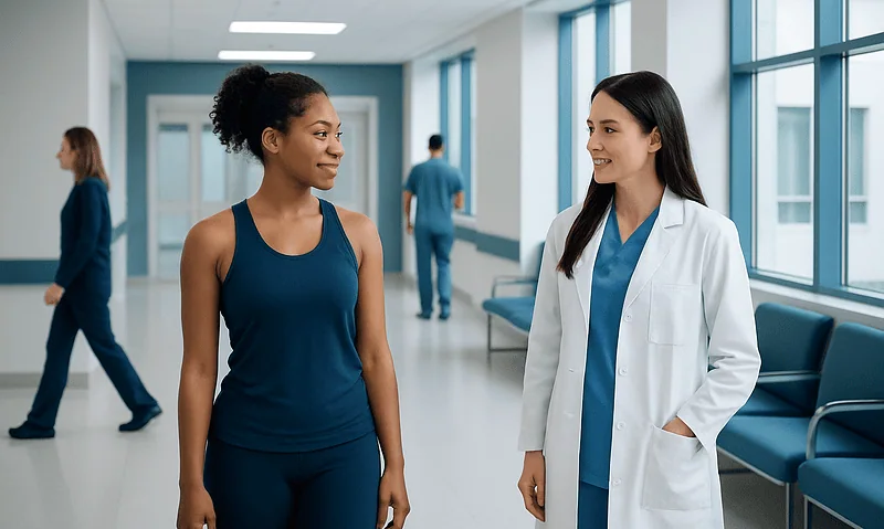 Patient and doctor discussing in hospital corridor for healthcare consultation.