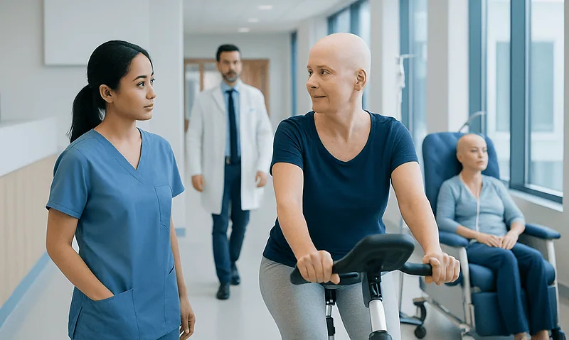 Patient exercising with medical staff in hospital corridor during chemotherapy.