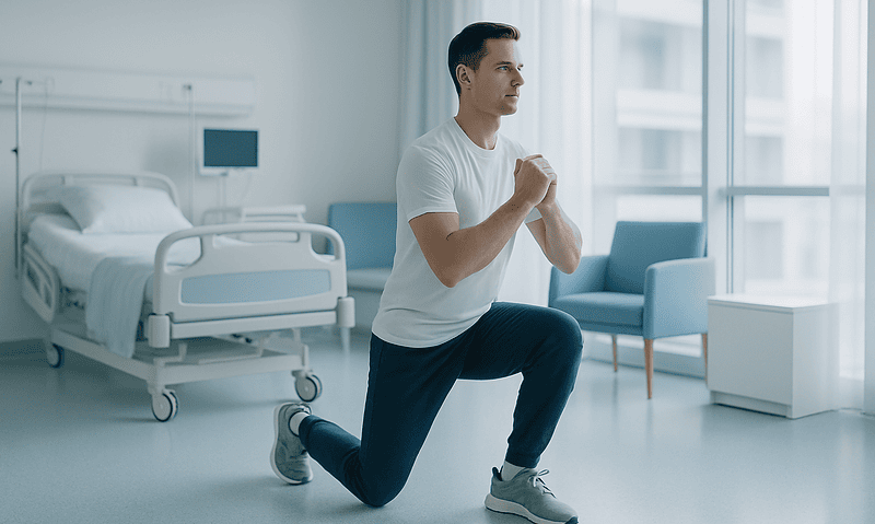 Man performing knee lunge exercise in hospital room for lower back pain relief.