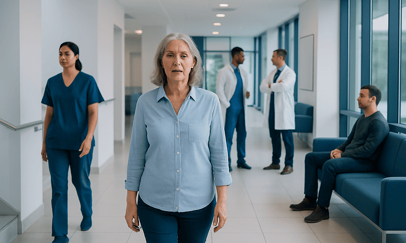 Senior woman waiting in hospital corridor with medical staff nearby.