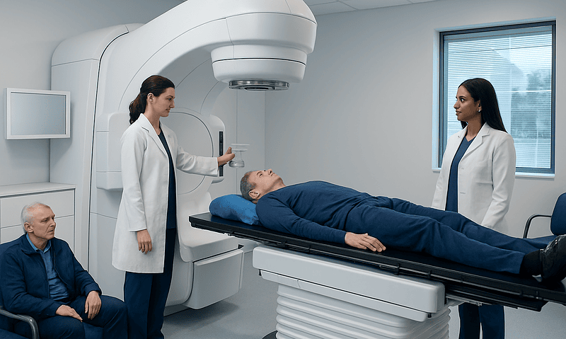 Patient undergoing external radiation therapy in a modern hospital room.