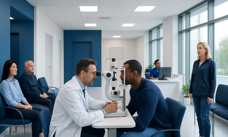 Optometrist performs eye exam on patient at Acibadem Hospital.