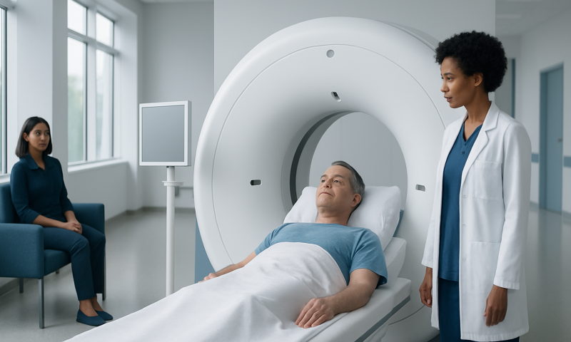 Patient undergoing a CT scan in a modern hospital setting.