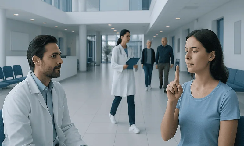 Medical consultation with a focus on eye health in a modern hospital setting.
