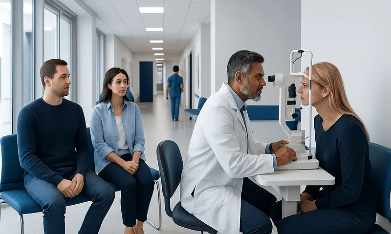 Eye Freckle Treatment: How It Works, Results and What to Expect 8 Ophthalmologist examining a patient's eye in a modern clinic setting.