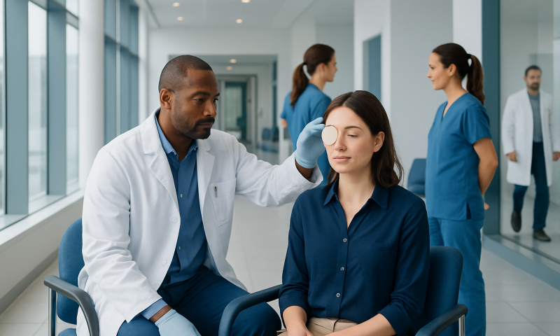 Ophthalmologist examines a patient's eye in a modern clinic setting.