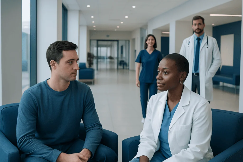 Eye Jewelry Implant: An Evidence-Based Patient Guide 1 Doctor consulting patient in hospital corridor with medical staff in background.