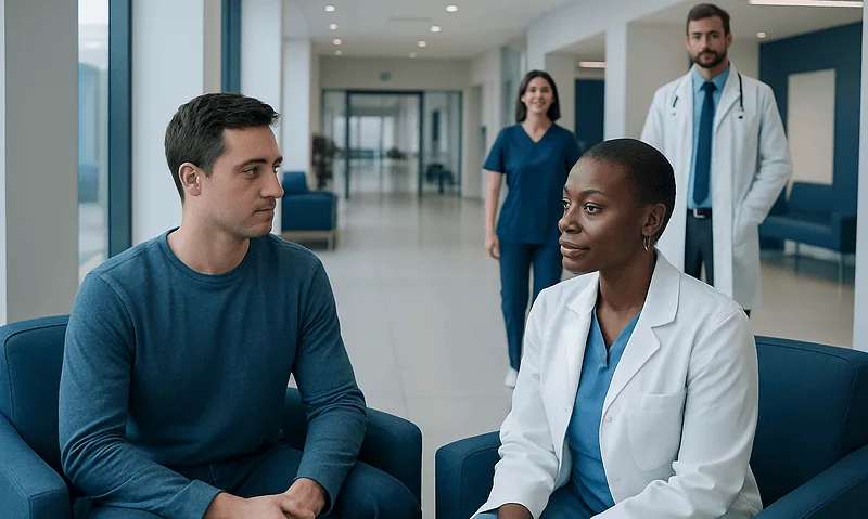 Doctor consulting patient in hospital corridor with medical staff in background.